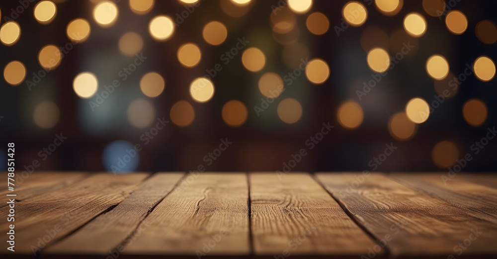 Empty wooden table top with blurred bokeh background for product placement. Product background Empty wooden table top with blurred bokeh background for product placement. Product background