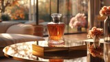 Art deco style perfume bottle on a mirrored podium elegant reflections