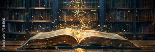 A large open book with golden letters flying out of it