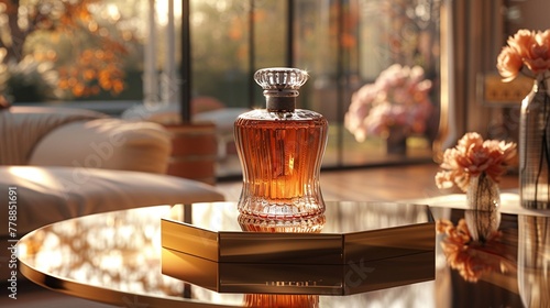 Art deco style perfume bottle on a mirrored podium elegant reflections