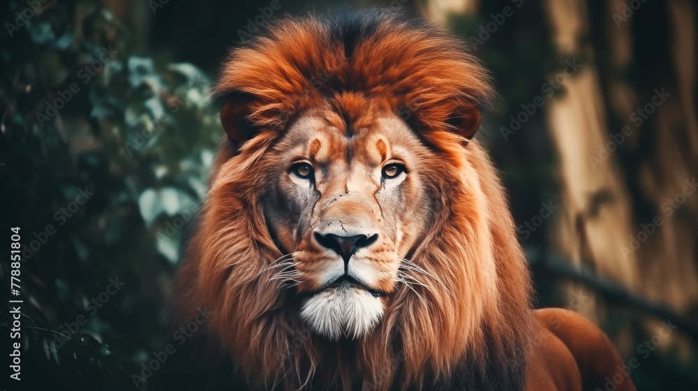 Close up of face Lion in forest. Wild animal lion. King of the forest, strong, formidable