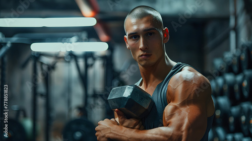 A male athlete with a shaved head and a sweatband stands against a gym background photo