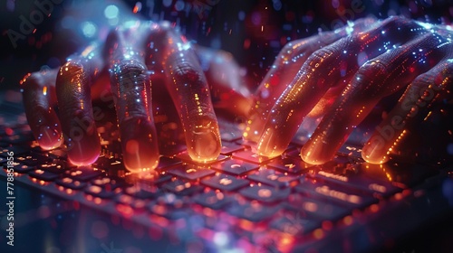 High contrast image of hands typing on a futuristic keyboard with blockchain code holographically projected