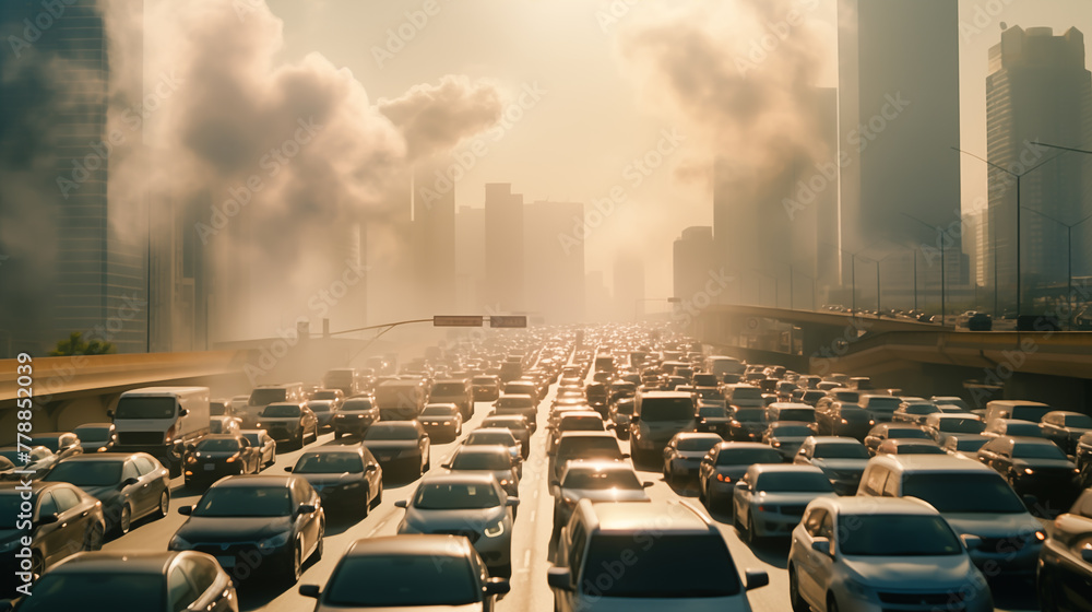 Long line of cars on the road during the city's rush hour, exhaust pollution, and environmental problems. Urban traffic congestion and pollution	