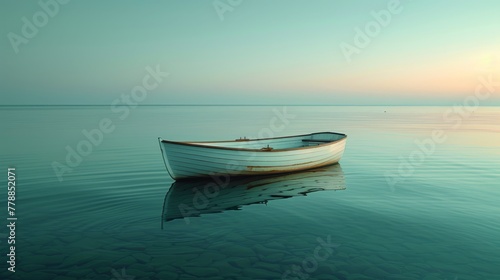   A tiny white vessel bobbing atop a tranquil lake beside verdant grassy shores and a pastel sky