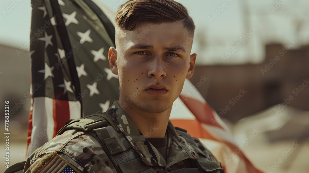 A male soldier with a clean-shaven face and a uniform stands against a military base background