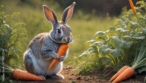 A whimsical image of a rabbit standing upright in a vegetable garden  clutching a large carrot as if caught in the act.