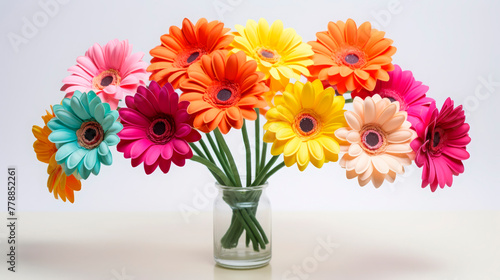 A vibrant bouquet of multicolored gerbera daisies in a clear glass vase, perfect for a bright and cheerful home accent or a festive celebration centerpiece.