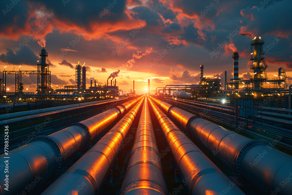 Industrial refinery at sunrise with smokestacks and pipelines. Environmental impact and energy industry concept. Design for report on energy, environmental brochure, oil and gas industry background Industrial refinery at sunrise with smokestacks and pipelines. Environmental impact and energy industry concept. Design for report on energy, environmental brochure, oil and gas industry background
