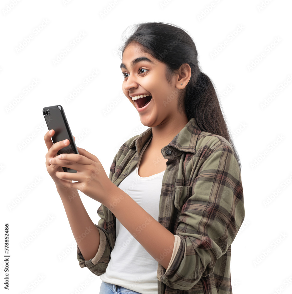 Excited Indian girl with her mouth open while holding a phone Excited Indian girl with her mouth open while holding a phone