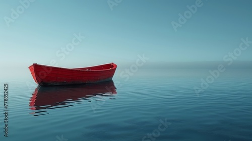  A red boat floats above a body of water beside another boat