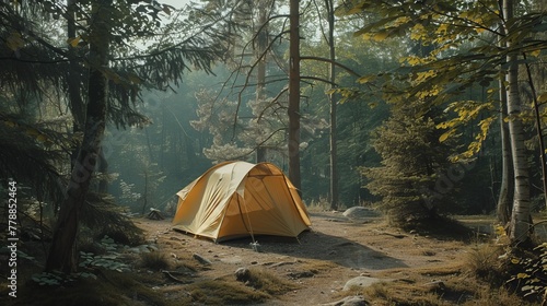 A yellow tent is set up in a forest