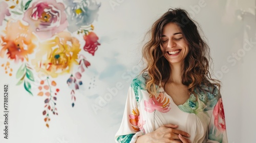 A woman is smiling and wearing a floral dress