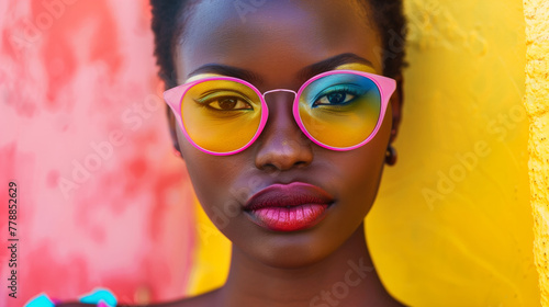 A woman with colorful glasses and makeup is standing in front of a yellow wall. Concept of vibrancy and energy, as the woman's colorful appearance contrasts with the bright yellow background