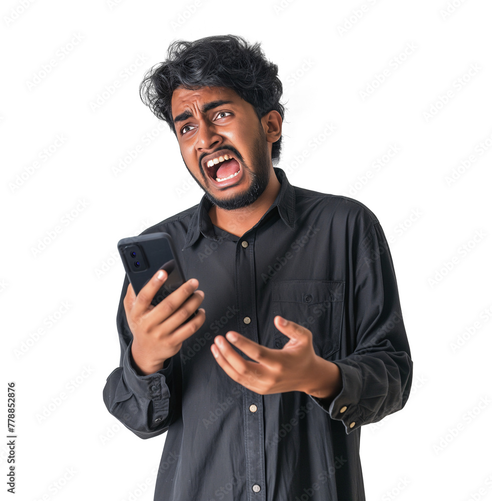 Devastated indian man looking shocked and screaming while holding a phone, isolated transparent background