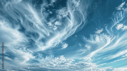 Whimsical cirrus clouds in a blue sky photo
