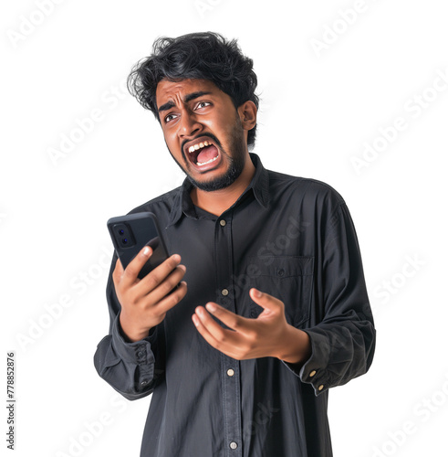 Obraz na płótnie Devastated indian man looking shocked and screaming while holding a phone, isolated transparent background w salonie
