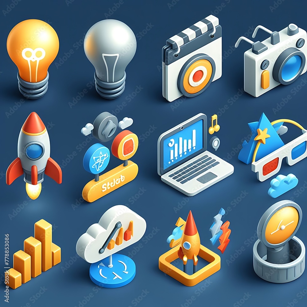 3d business icon set. Clock, Bank, Chart, Trophy, Mail, Megaphone, Bulb ...