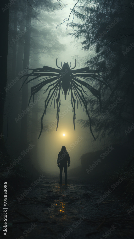 Mothman lurks in the shadowy depths of a mist-filled forest Mothman lurks in the shadowy depths of a mist-filled forest