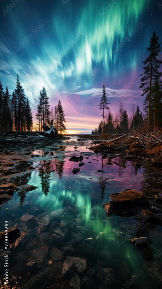 Vibrant aurora borealis illuminate the icy surface of a lake
