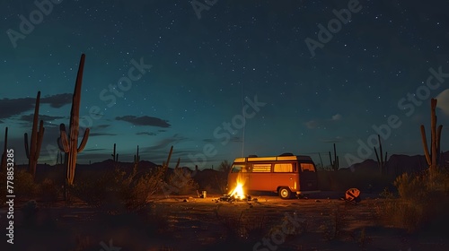Starlit Sojourn: Bonfire Tales in the Desert Night./n
