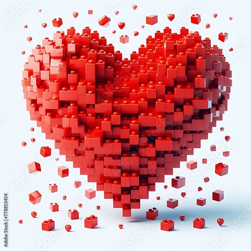 red heart made of Lego blocks with white background
