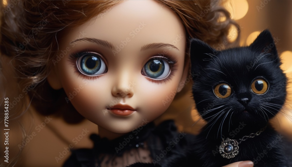 A striking portrait of a porcelain doll beside a glossy black cat, captured in warm, inviting light that enhances their intricate details