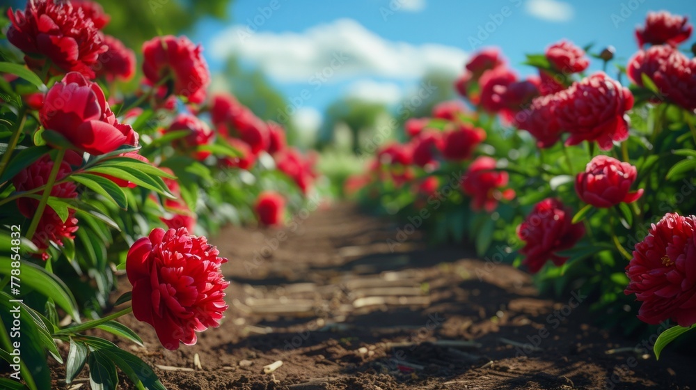 Ground-level view of a peony-lined garden path Ground-level view of a peony-lined garden path