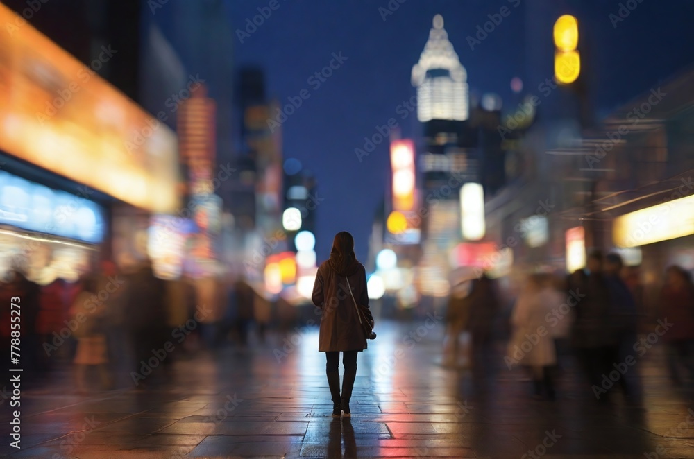 A female person standing on the city center with blurred crowd, back view