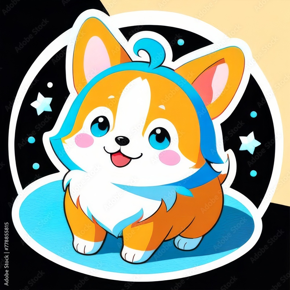 Sticker. Cute corgi puppy wearing a blue scarf against a background of stars. 