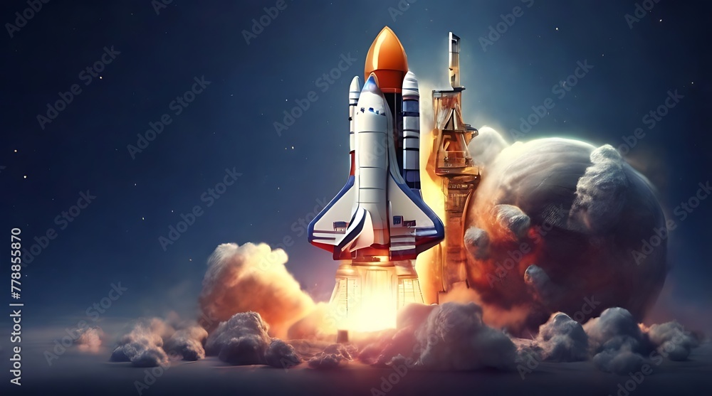 Flying space rocket 3d Realistic. Spaceship launch. Rocket 3d icon, logo or symbol. Logo ship. Vector illustration. Rocket flying over cloud,Rocket launch. Business startup concept.
