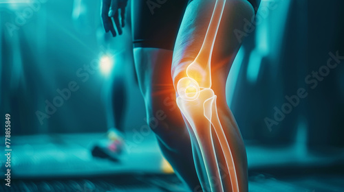 Knee pain digital composite. Highlighted knee of man feeling discomfort while running. X-ray of knee. Generative AI photo