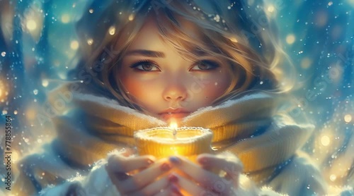 animation, motion effect, A young girl stands delicately, holding a lit candle in her small hands,  60 fps 8 sec. photo