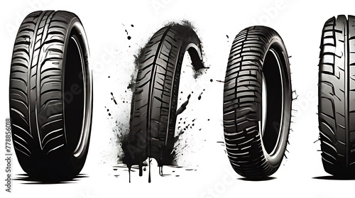 Tire tread marks, wheel texture, tire marks - car races, motocross, drift, rally, off-road and other. Vector black isolated texture in grunge style with splashes. photo