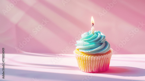 Aesthetic cupcake with candle, on light pink background with sun rays. Anniversary celebration concept. Generative AI