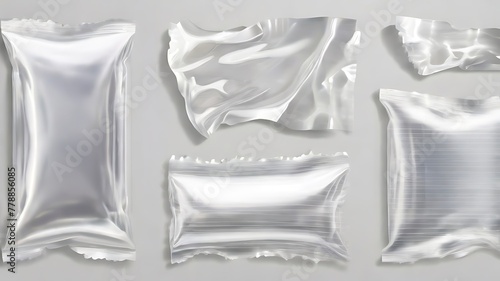 Torn plastic wrap set isolated on transparent background. Set of cellophane or polyethylene wrapper layouts for printing. Polyethylene packaging for CD cover. photo