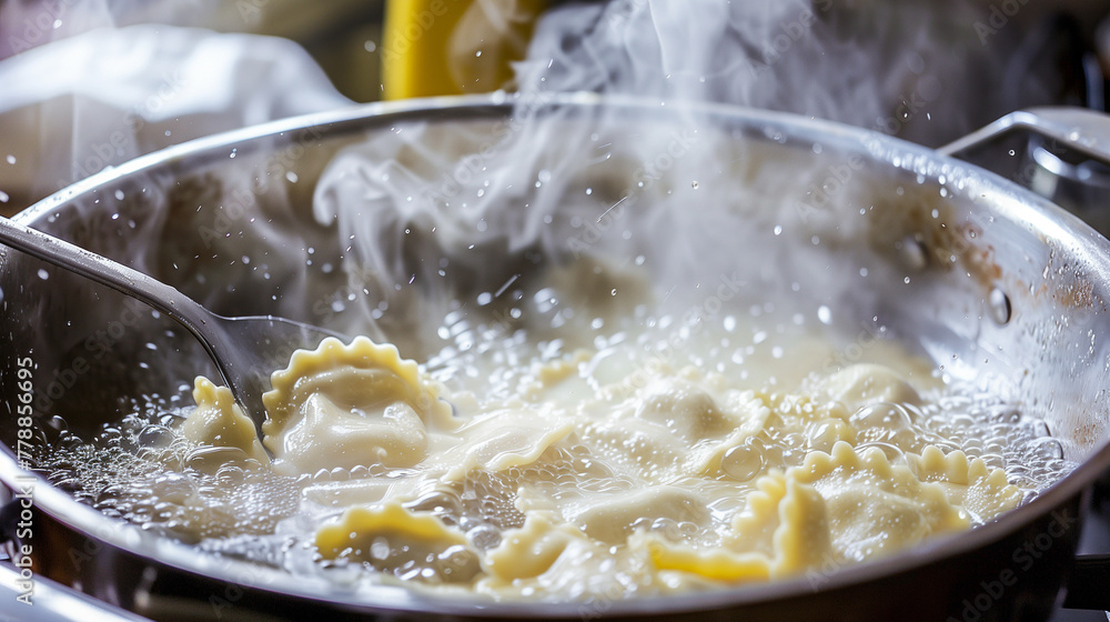 Large pot of boiling water with ravioli on stove. Slotted spoon, steamy cooking scene. Design for culinary transformation, perfect pasta cooking process.
Large pot of boiling water with ravioli on stove. Slotted spoon, steamy cooking scene. Design for culinary transformation, perfect pasta cooking process.