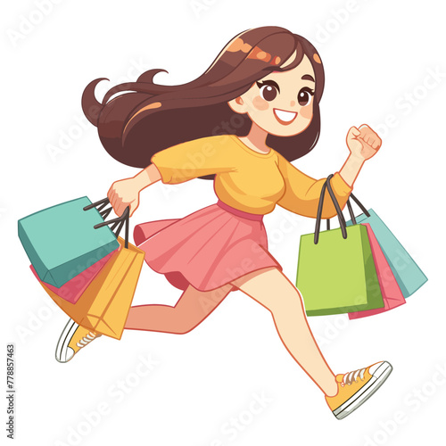 vector Happy Woman running with shopping bag