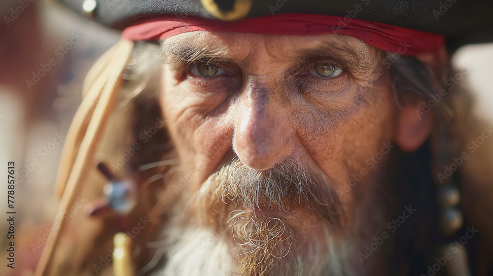 A close-up of a man with a pirate look, displaying an intense gaze and weathered features. A close-up of a man with a pirate look, displaying an intense gaze and weathered features.