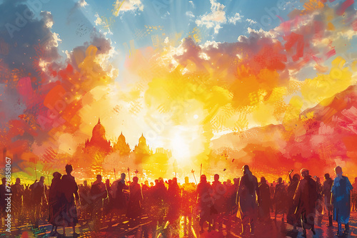 illustration of crowd in open ground with people playing with holi colors looking up in the sky --ar 3:2 --stylize 750