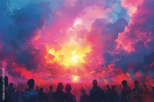 illustration of crowd in open ground with people playing with holi colors looking up in the sky --ar 3:2 --stylize 750