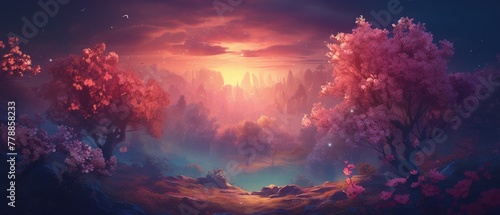 A beautiful landscape with pink trees and a pink sky