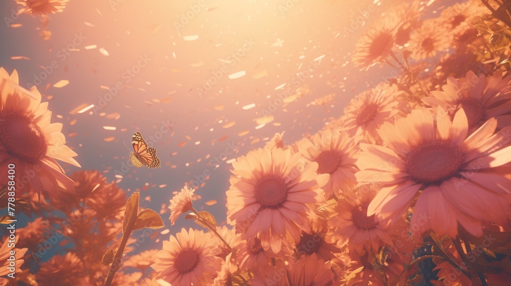 A butterfly is flying in a field of pink flowers