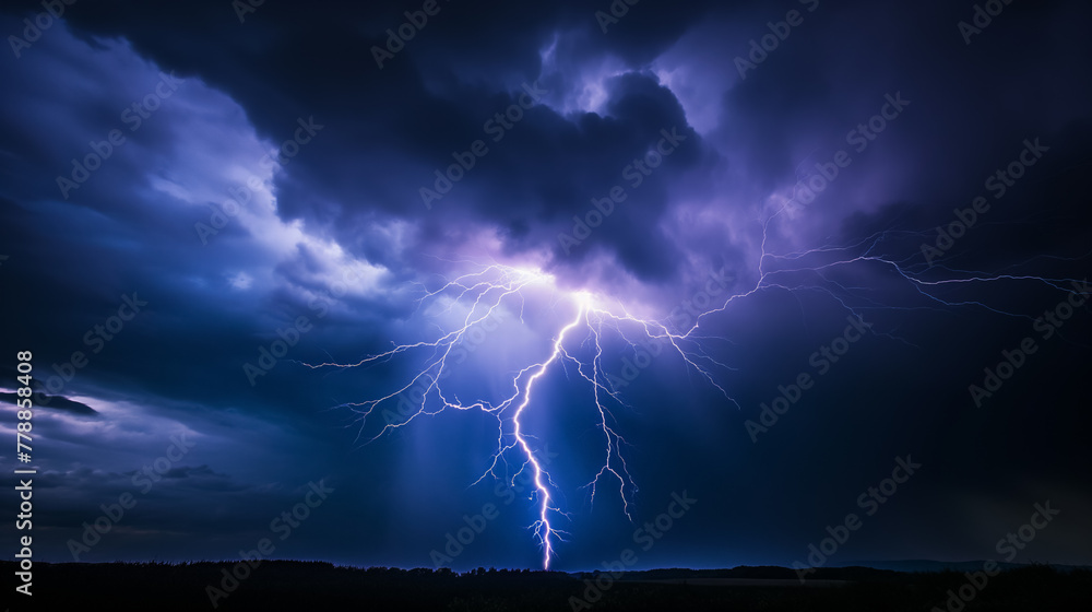 Powerful lightning forks pierce through a dramatic stormy sky, illuminating the darkness with electric intensity.