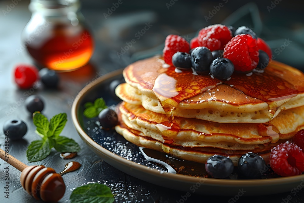 Stack of Pancakes Topped With Berries and Syrup Stack of Pancakes Topped With Berries and Syrup