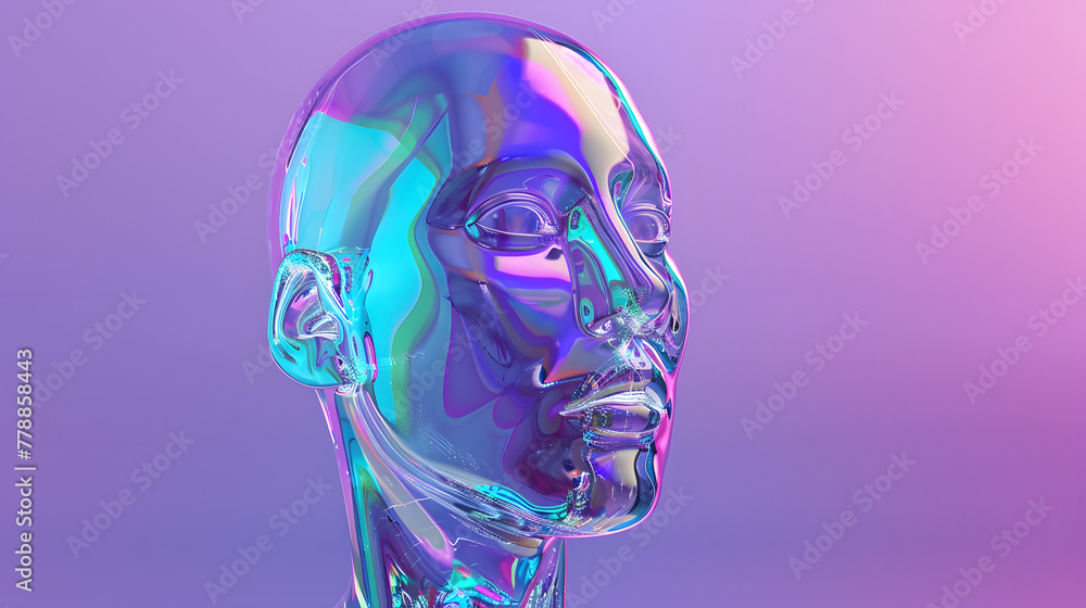 A transparent glass figure with an elegant head and neck on a navy-indigo gradient background A transparent glass figure with an elegant head and neck on a navy-indigo gradient background