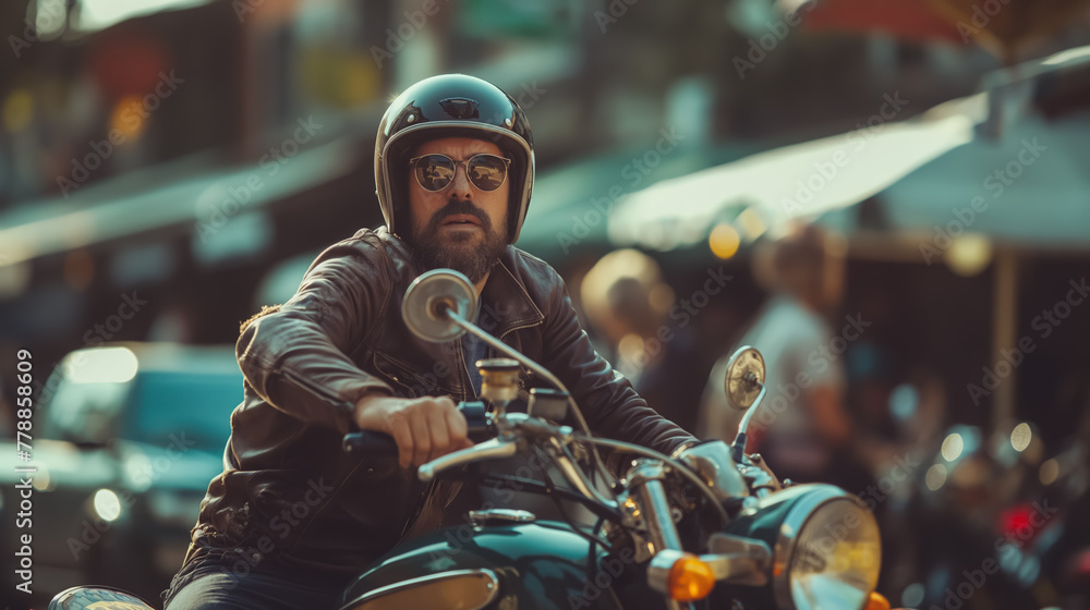 A bearded biker wearing sunglasses and a helmet sits on his motorcycle, exuding cool confidence.