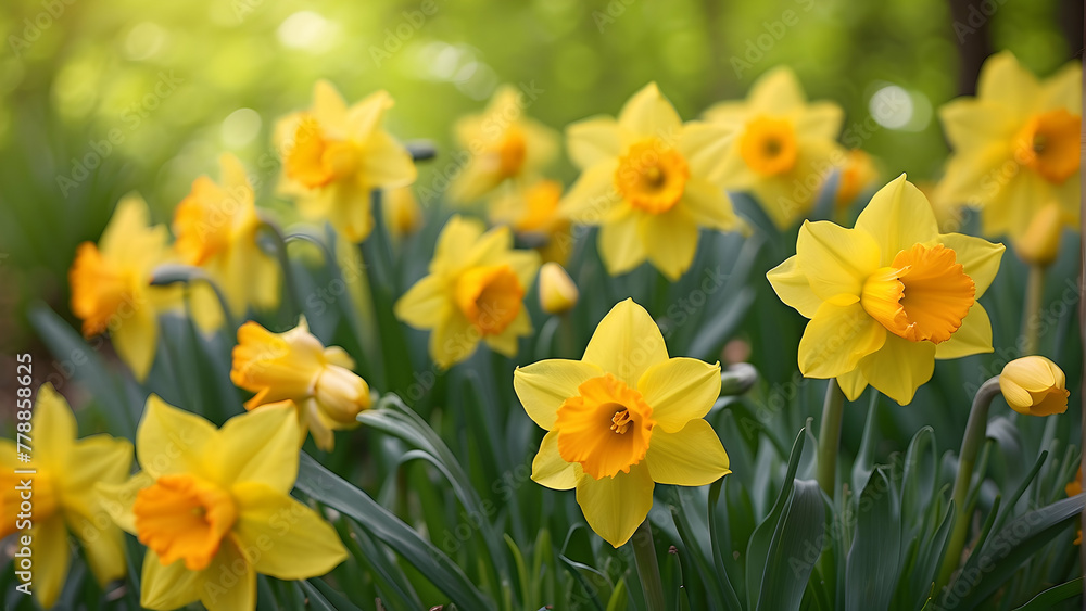 A breathtaking view of yellow daffodils, signaling the joyful essence of spring in a tranquil garden setting A breathtaking view of yellow daffodils, signaling the joyful essence of spring in a tranquil garden setting