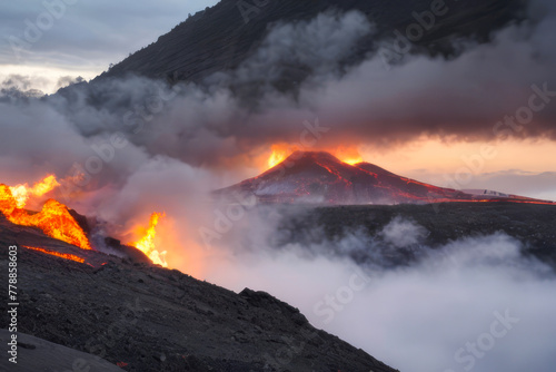 Dramatic fiery sunset paints the volcano s peak red as smoke billows from the fiery maw