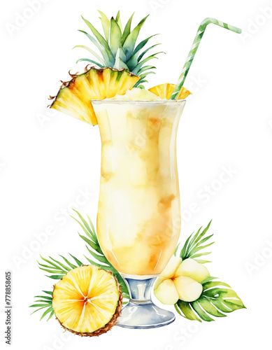 Watercolor illustration of cocktail pina colada with ice cubes, lemon, orange, pineapple, flower. Cooling summer drink with ice in a glass isolated on a transparent background.